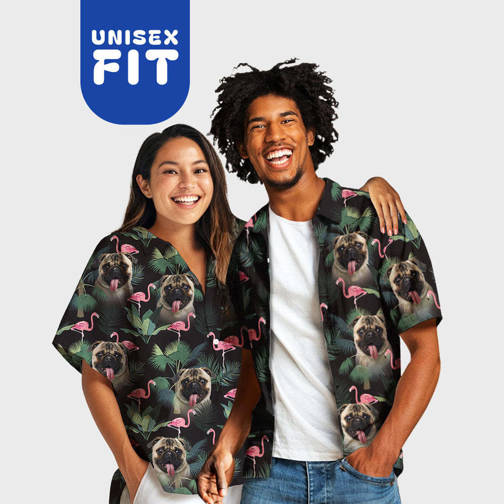 Custom Pet Face Shirt Hawaiian Shirt Short Sleeve Tropical Leaves Flamingo