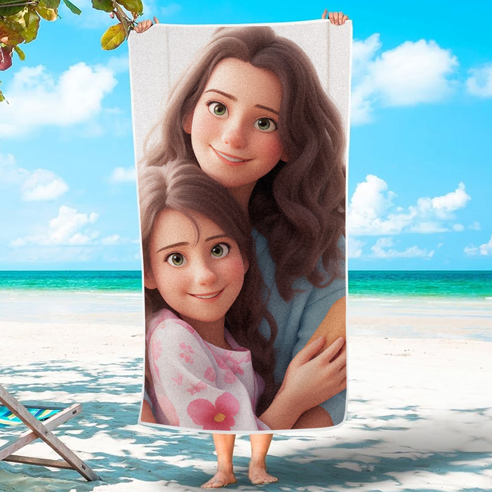 Custom Couple Photo 3D Cartoon Portrait Gift Photo Beach Towel - MyPhotoBoxer