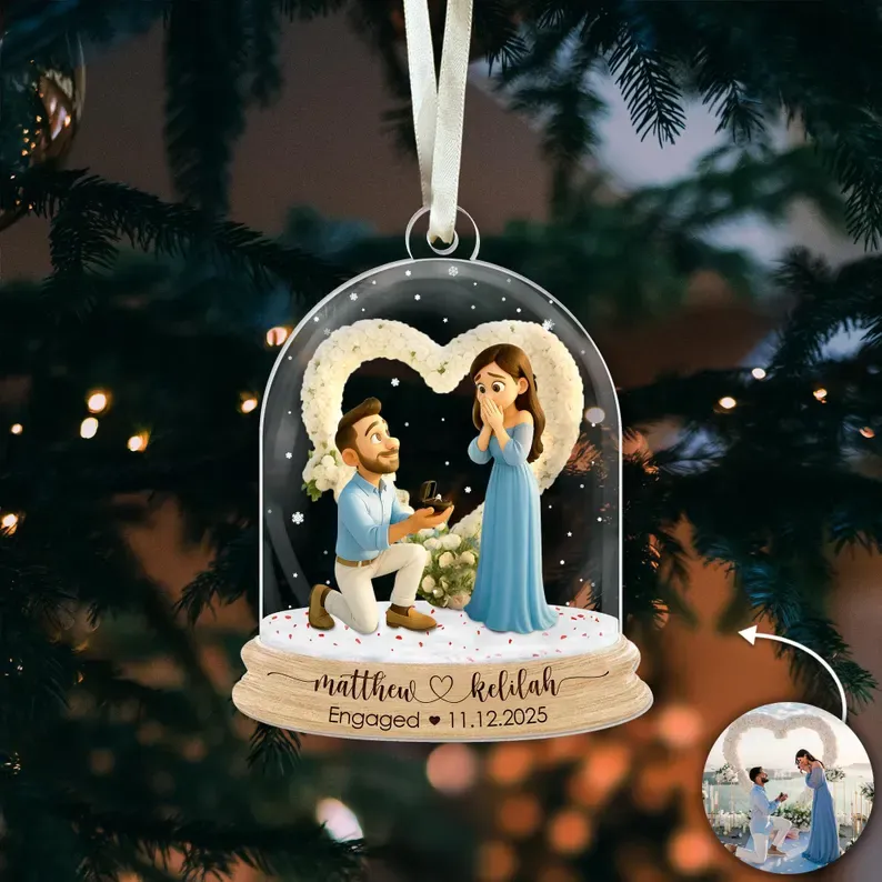 Personalized First Christmas Engaged Ornament, Acrylic Photo Keepsake, Best Christmas Gift for Couple