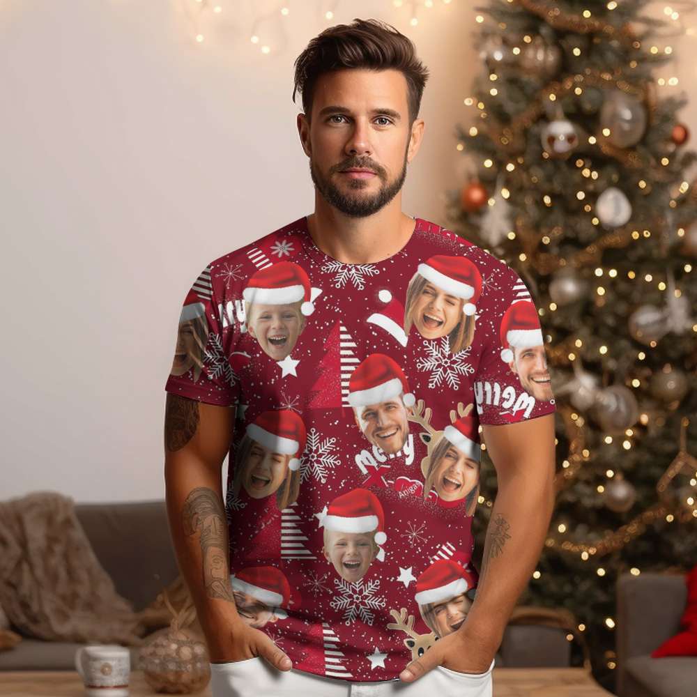 Custom Face T-shirt Personalized Personalized Photo Xmas Leds Unisex T-shirts Merry Christmas - MyPhotoBoxer