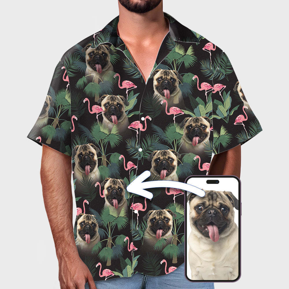 Custom Pet Face Shirt Hawaiian Shirt Short Sleeve Tropical Leaves Flamingo