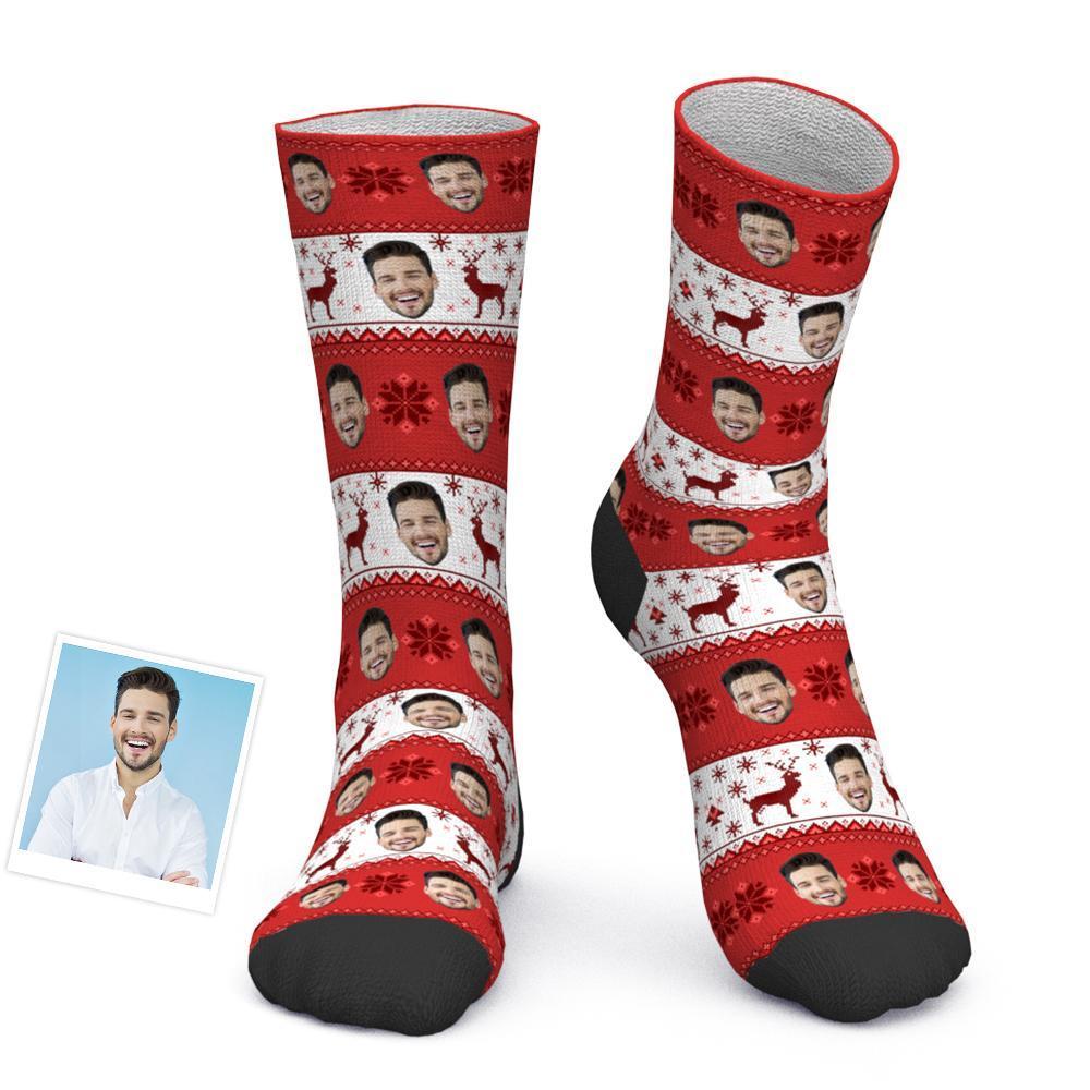 Custom Photo Socks Christmas Socks Christmas Face socks over Nordic Pattern - MyPhotoBoxer