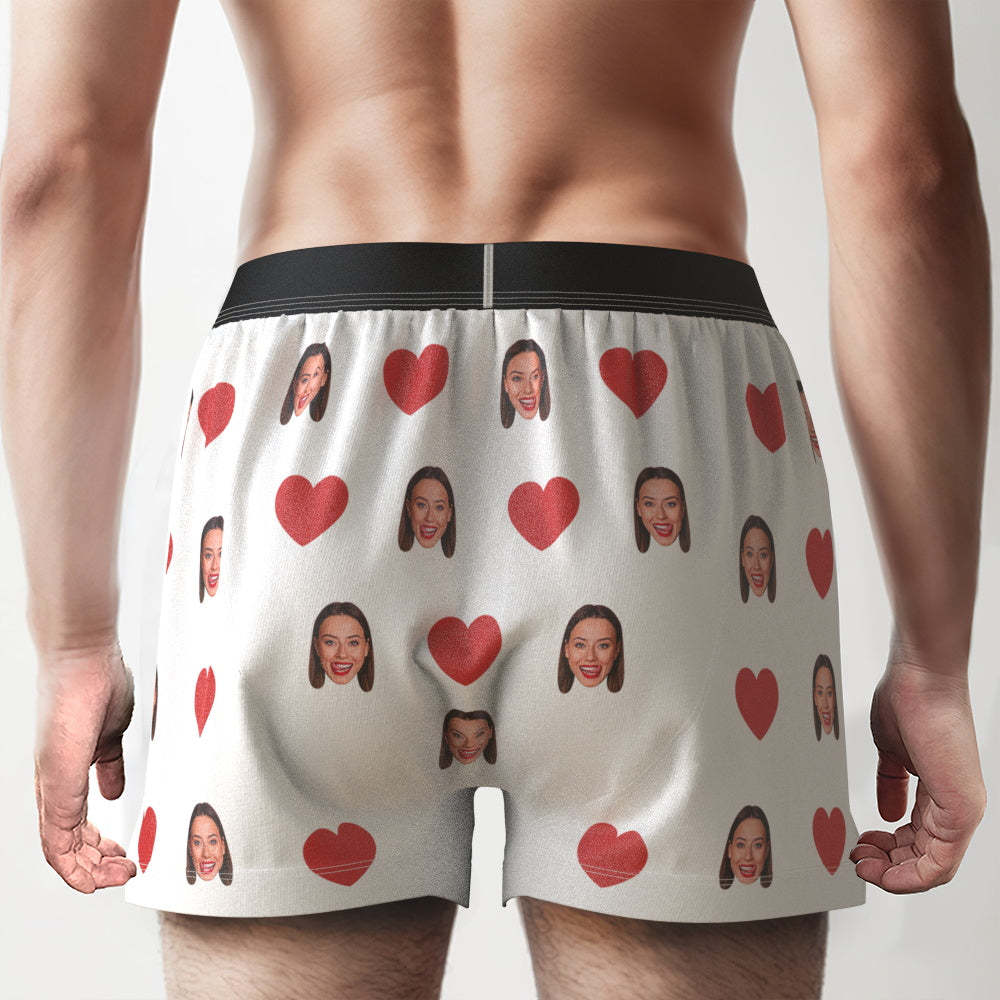Custom Face Red Heart Design Boxer Shorts with Personalized Text on the Waistband Personalized Underwear for Him - MyPhotoBoxer