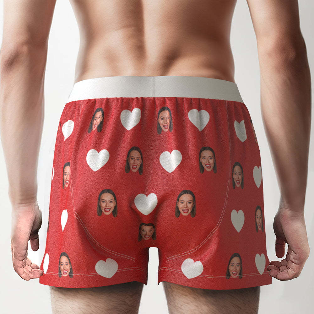 Custom Face Red Heart Design Boxer Shorts with Personalized Text on the Waistband Personalized Underwear for Him - MyPhotoBoxer