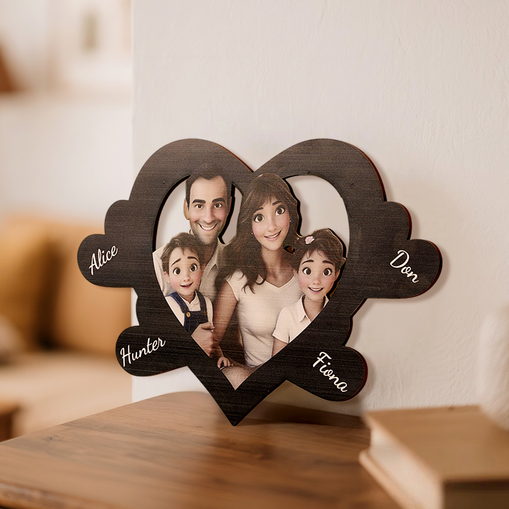 Personalized Pixar Cartoon-Style Wooden Family Name Heart-Shaped Photo Frame Best Anniversary Birthday Family Holiday Gift - MyPhotoBoxerUk