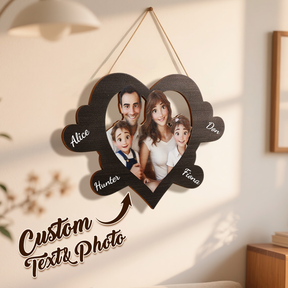 Personalized Pixar Cartoon-Style Wooden Family Name Heart-Shaped Photo Frame Best Anniversary Birthday Family Holiday Gift - MyPhotoBoxerUk