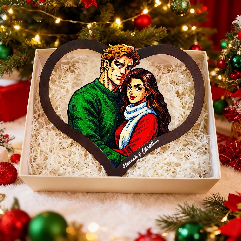 Personalized Heart-Shaped Cartoon Couple Frame｜Your Photo Transformed into Custom Illustration｜Add Names & Special Dates｜Romantic Gift for Couples