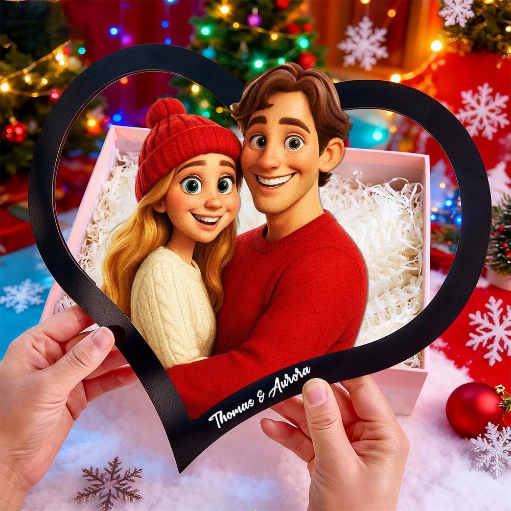 Personalized Heart-Shaped Cartoon Couple Frame｜Your Photo Transformed into Custom Illustration｜Add Names & Special Dates｜Romantic Gift for Couples