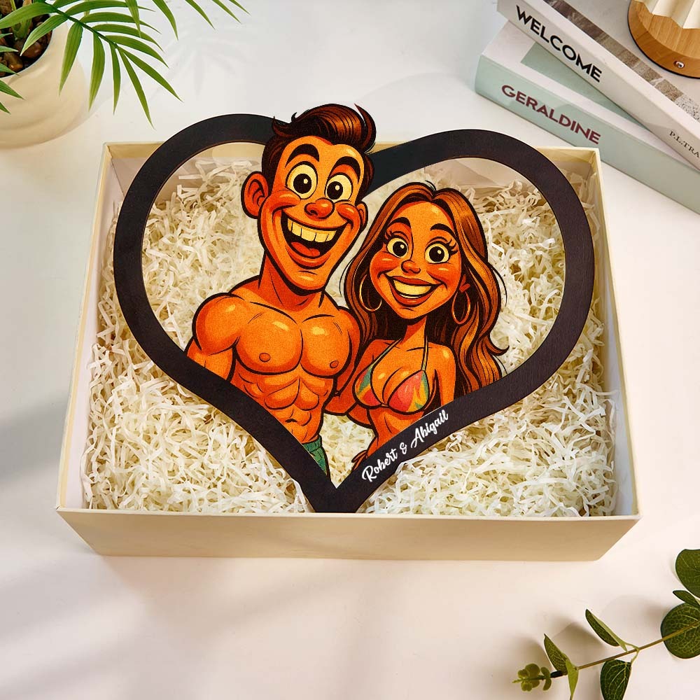 Personalized Heart-Shaped Cartoon Couple Frame｜Your Photo Transformed into Custom Illustration｜Add Names & Special Dates｜Romantic Gift for Couples