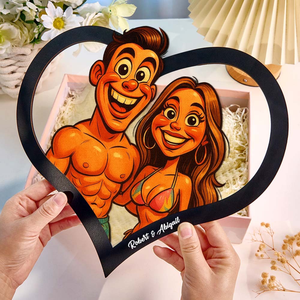 Personalized Heart-Shaped Cartoon Couple Frame｜Your Photo Transformed into Custom Illustration｜Add Names & Special Dates｜Romantic Gift for Couples