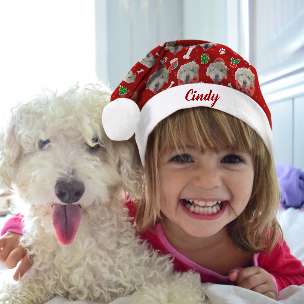 Custom Colorful Santa Hat   Dog face & Red Text