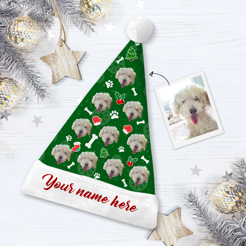 Custom Colorful Santa Hat   Dog face & Red Text