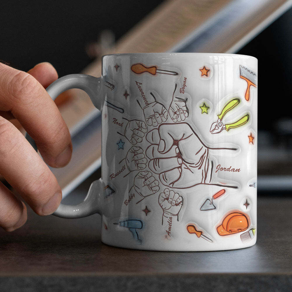 Personalized Names Custom 1-6 Kids 3D Inflated Effect Printed Mug Gift for Dad Grandpa Great Fixer - MyPhotoBoxer