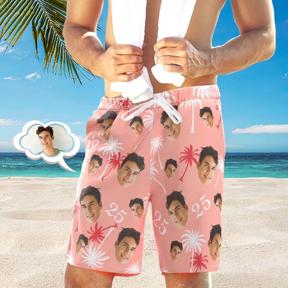 Custom Face And Number Birthday Beach Shorts Red And White Coconut Tree Beach Trunks - MyPhotoBoxer