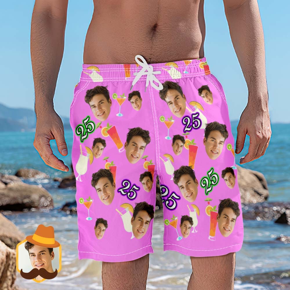 Custom Pink Face And Age Beach Shorts Desserts and Drinks Beach Trunks - MyPhotoBoxer