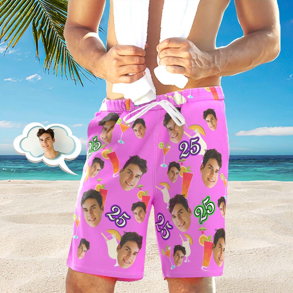 Custom Pink Face And Age Beach Shorts Desserts and Drinks Beach Trunks - MyPhotoBoxer
