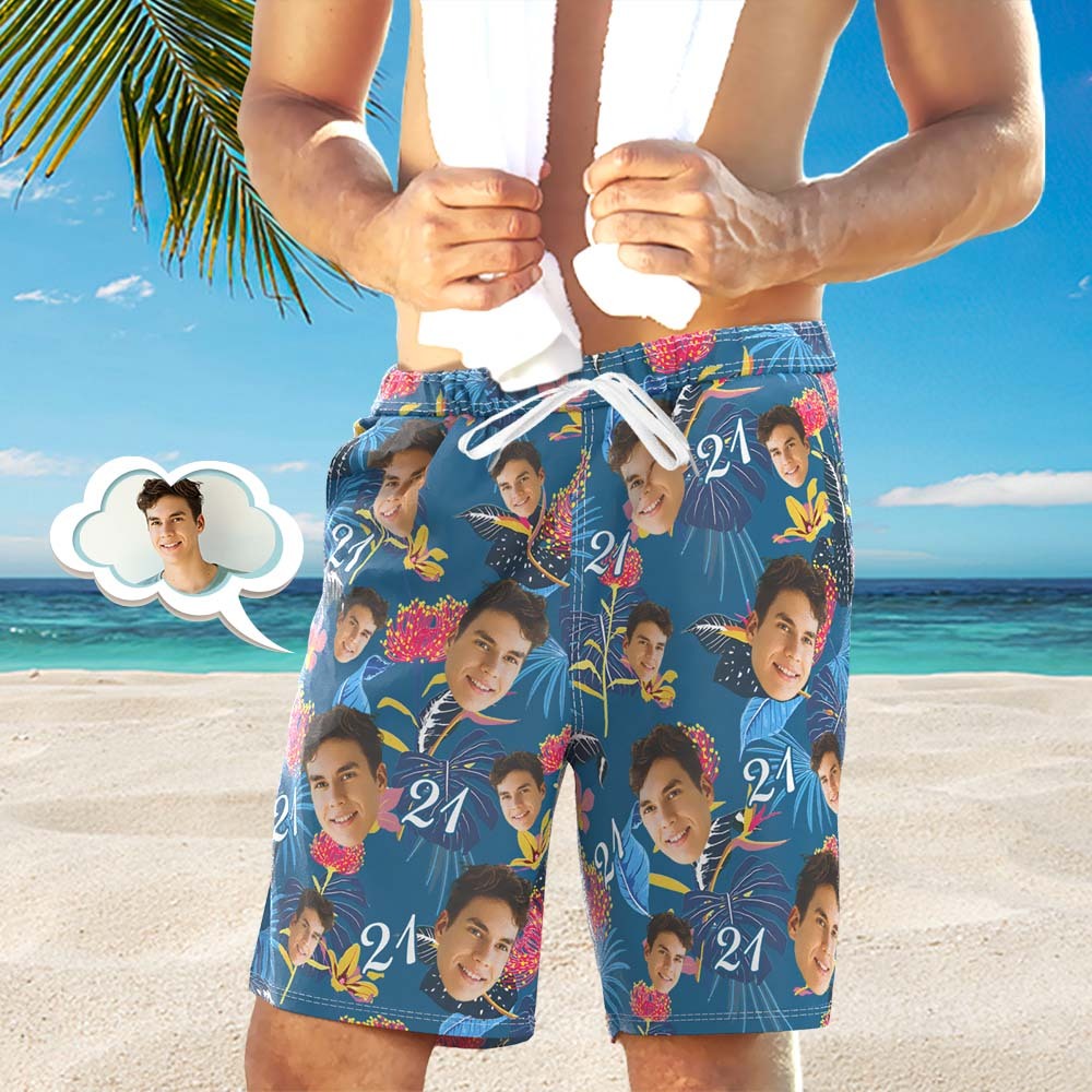 Custom Face Beach Shorts Number And Face Beach Shorts Dark Blue Sleeves And Pink Flowers - MyPhotoBoxer