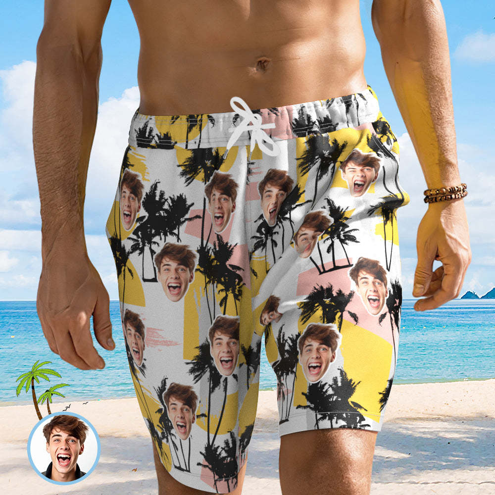 Custom Face Hawaiian Shirt or Beach Shorts Matching Outfits Personalized Men's Photo Random Palm Tree Print Hawaiian Attire Vacation Party Gift - MyPhotoBoxer