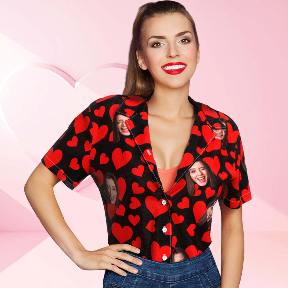 Custom Face Hawaiian Shirt Flamingo Tropical Shirt For Women Red Hearts Valentine's Day Gifts - MyPhotoBoxer