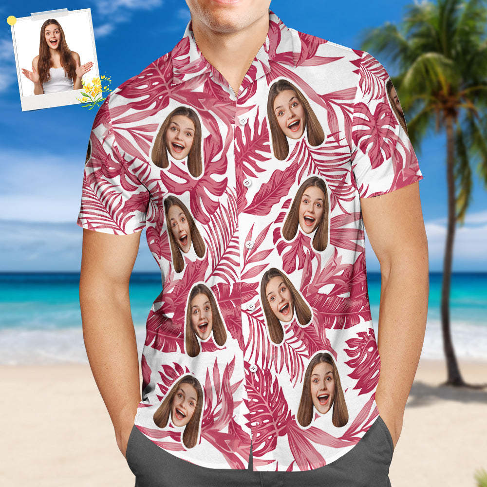 Custom Face Hawaiian Shirt Red Tropical Hibiscus Hawaiian Shirt Gift for Couple - MyPhotoBoxer