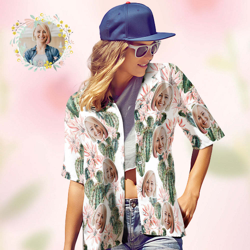 Custom Face Hawaiian Shirt Flamingo Tropical Shirt For Women ALL Over Printed Green and Palm Leaves - MyPhotoBoxer