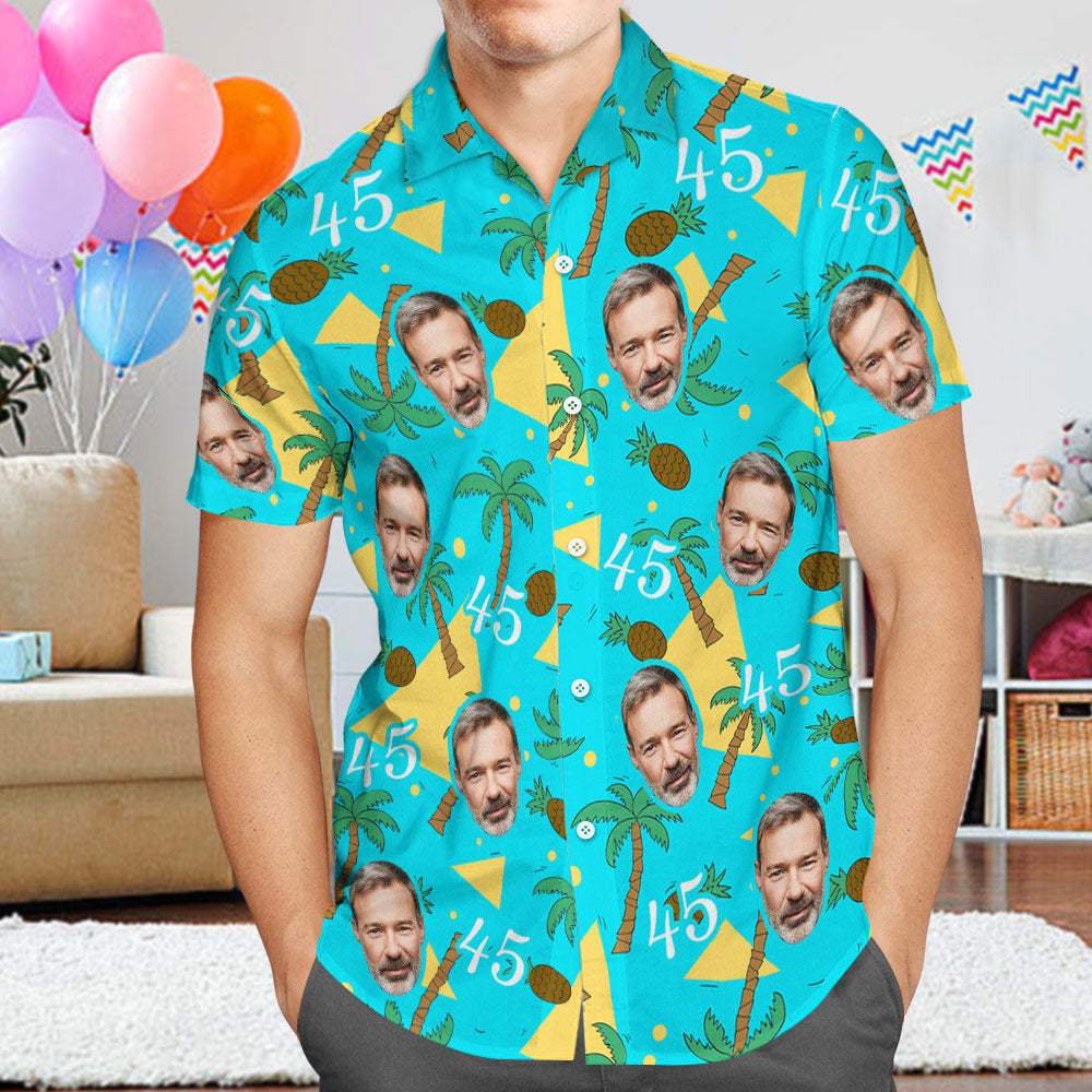 Custom Face and Numbers Hawaiian Shirt Father's Day Birthday Present Coconut Tree and Pineapple Gifts - MyPhotoBoxer