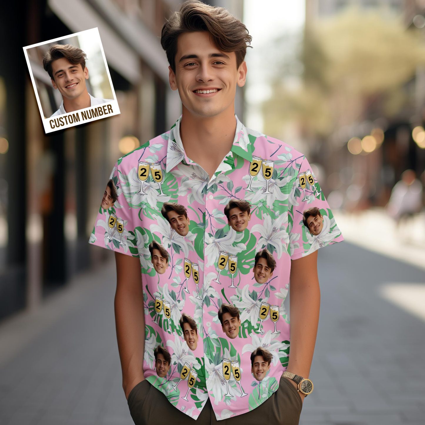Custom Face Hawaiian Shirt Number in Wine Glass Pink And Green Sleeves Face Hawaiian Shirt Gift for Him - MyPhotoBoxer