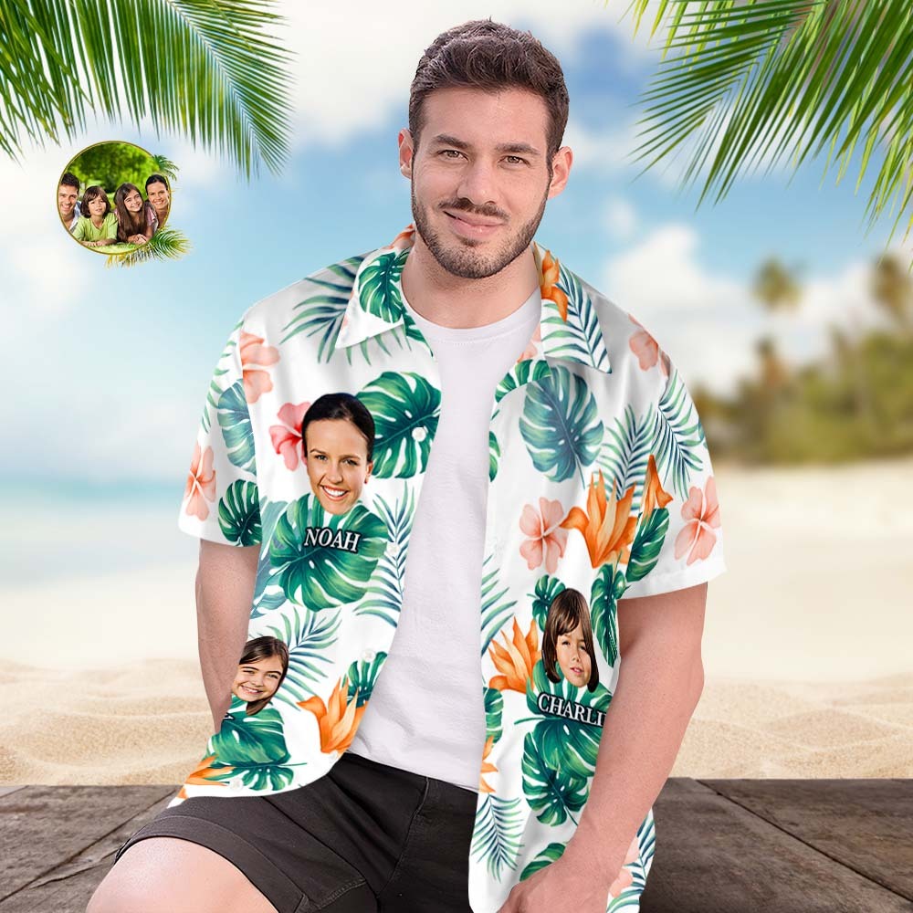 Custom Multi Photo Face And Text Hawaiian Shirt With Palm Leaves And Colorful Flowers - MyPhotoBoxer