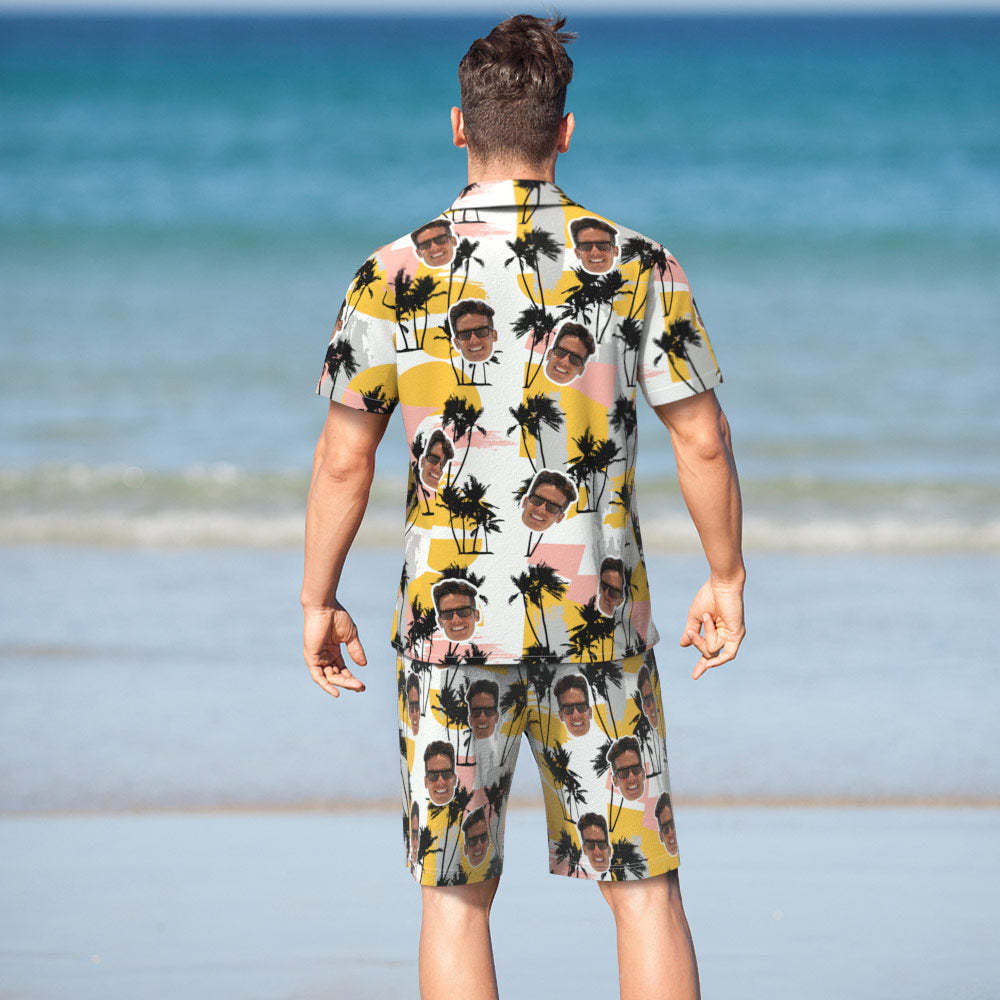 Custom Face Hawaiian Shirt or Beach Shorts Matching Outfits Personalized Men's Photo Random Palm Tree Print Hawaiian Attire Vacation Party Gift - MyPhotoBoxer