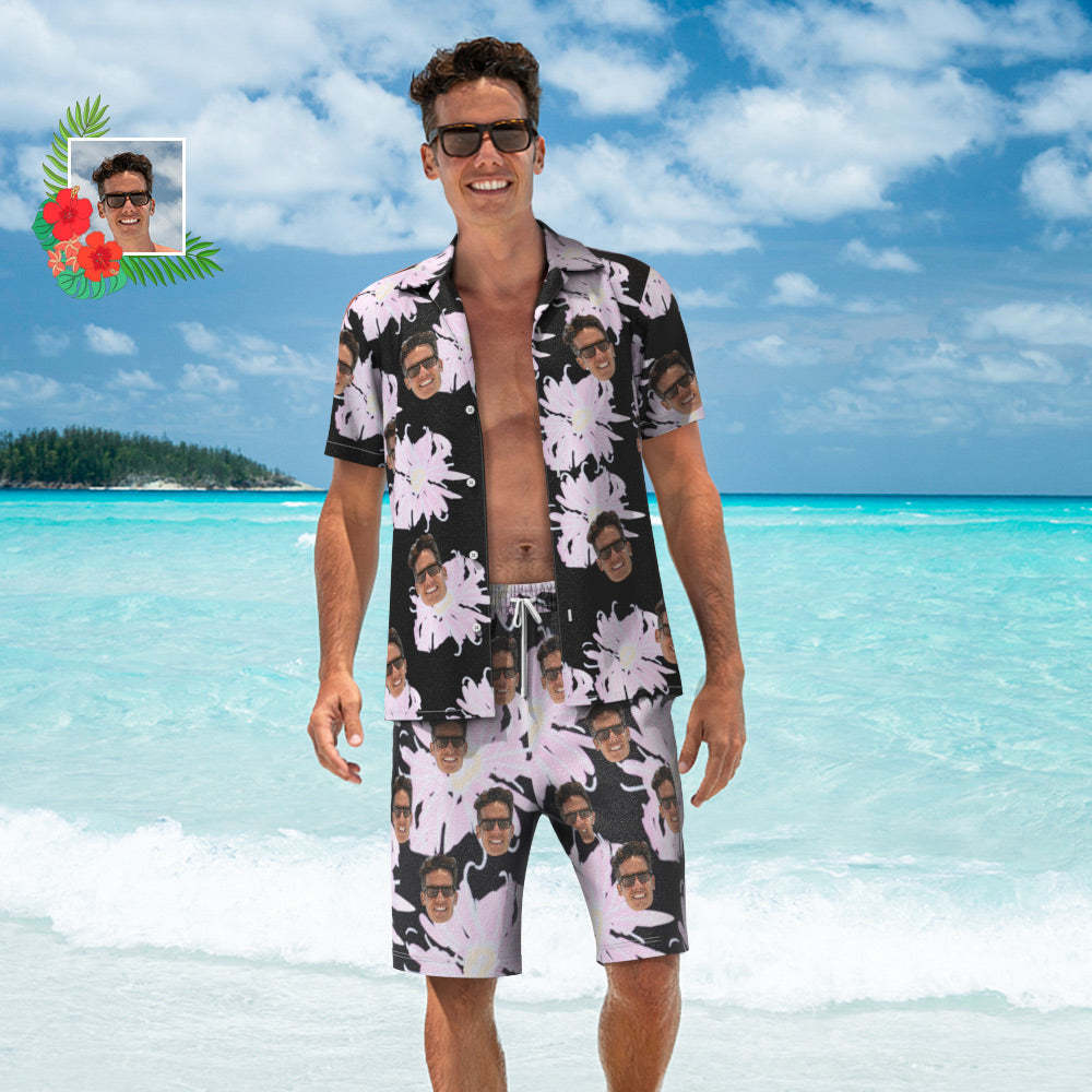 Custom Face Hawaiian Shirt or Beach Shorts Matching Outfits Personalized Men's Photo Random Floral Print Hawaiian Attire Vacation Party Gift - MyPhotoBoxer