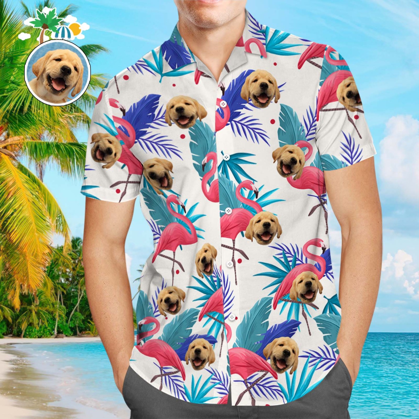 Men's Custom Face Shirt Hawaiian Shirt Short Sleeve Flamingo Tropical Leaves - MyPhotoBoxer