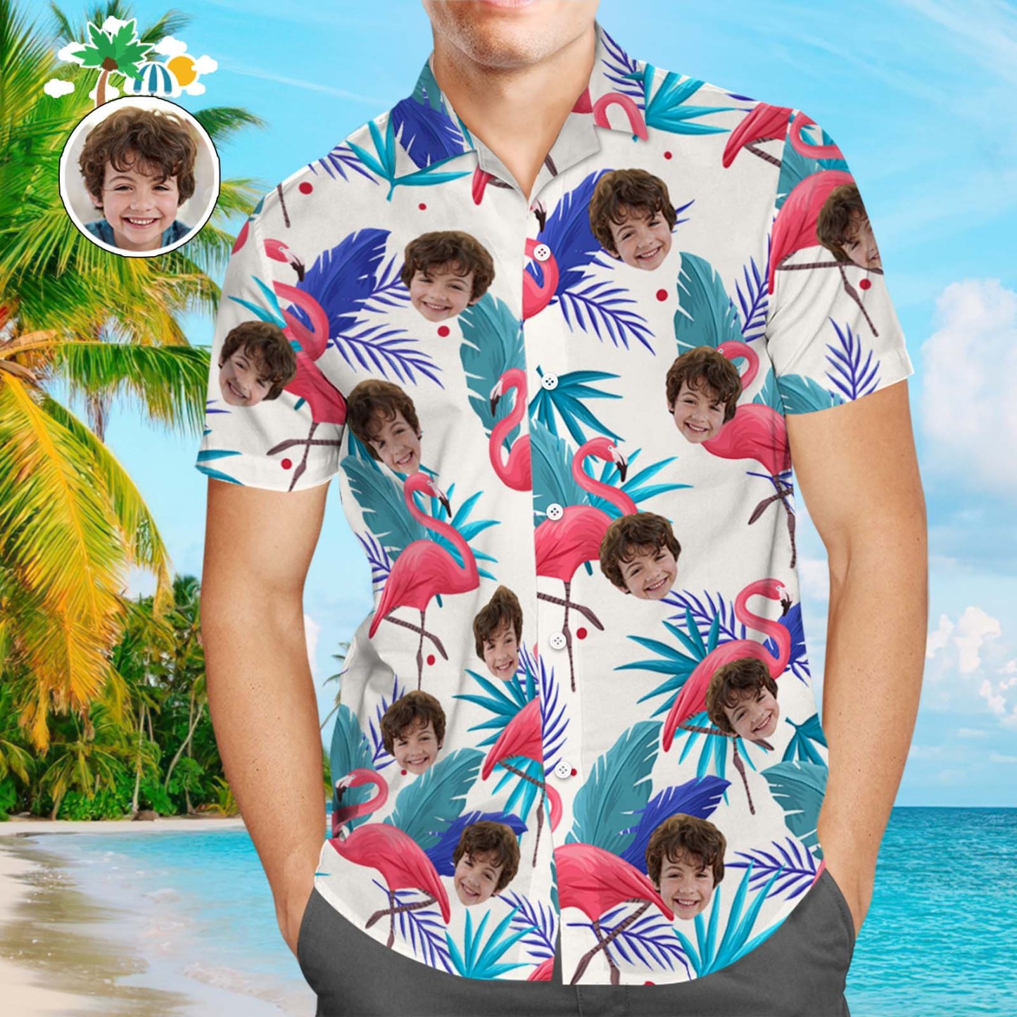 Men's Custom Face Shirt Hawaiian Shirt Short Sleeve Flamingo Tropical Leaves - MyPhotoBoxer