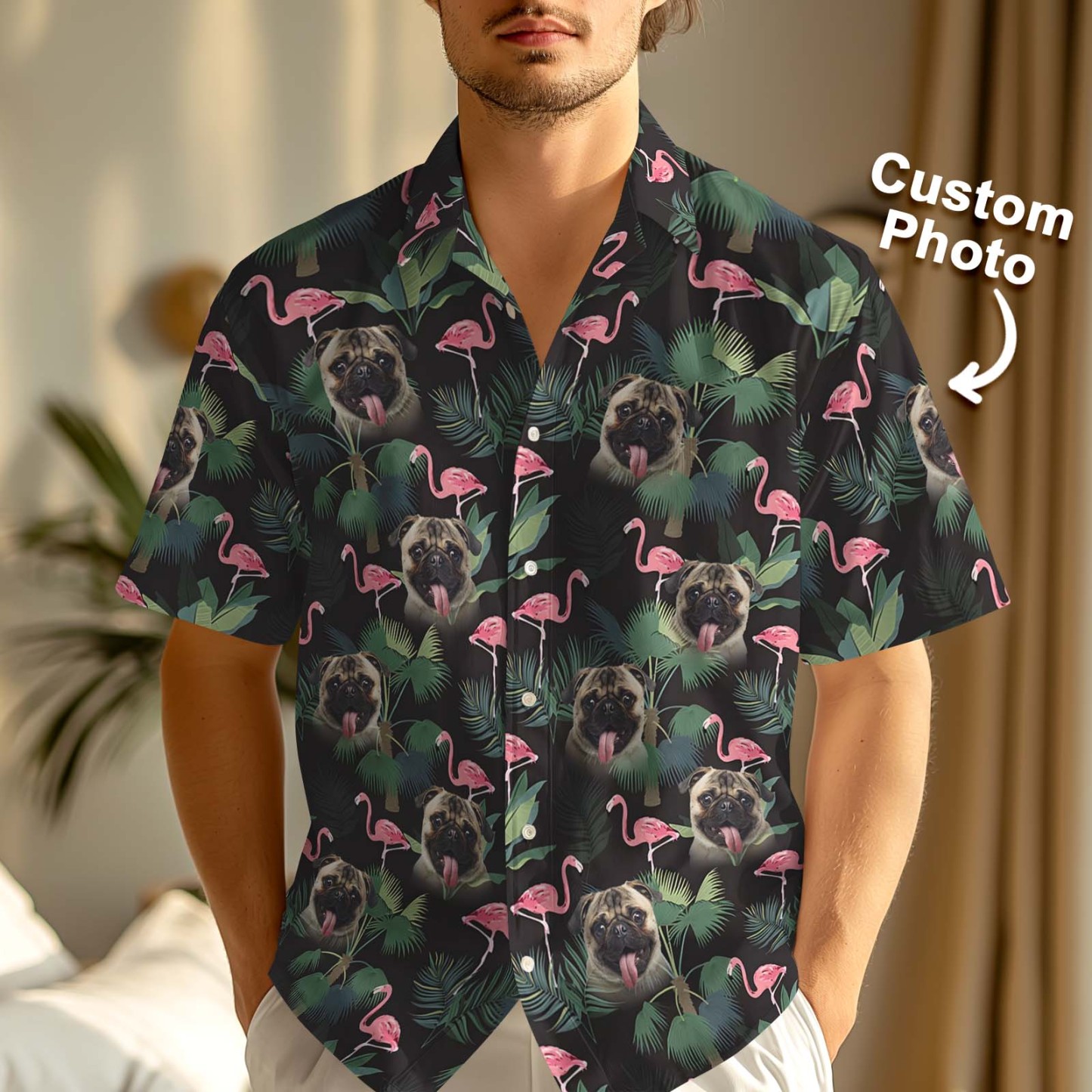 test-Men's Custom Face Shirt Hawaiian Shirt Short Sleeve Tropical Leaves Flamingo