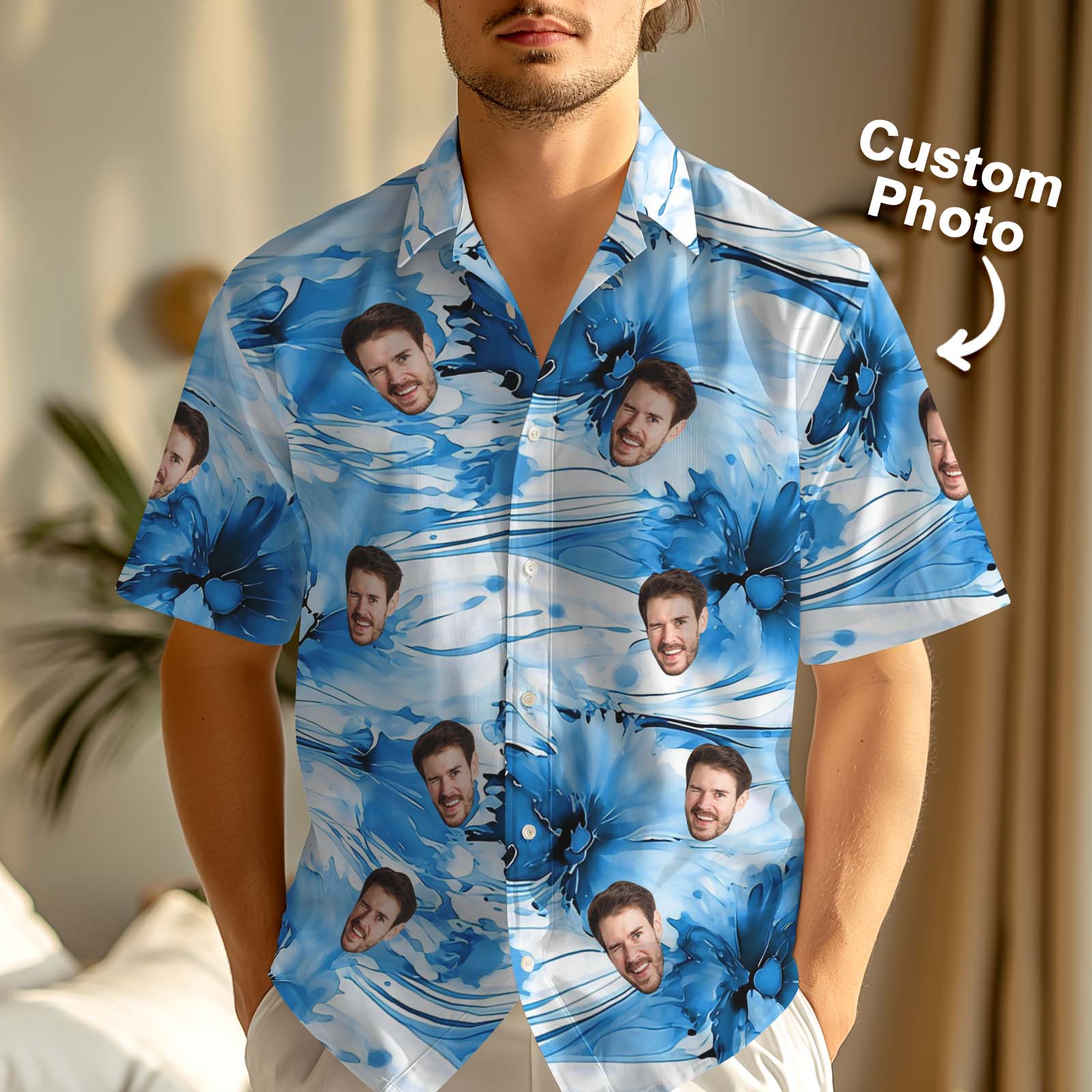 Personalized Photo Hawaiian Shirt Custom Blue Aloha Shirt Matching Tropical Wear Father's Day Gift Idea
