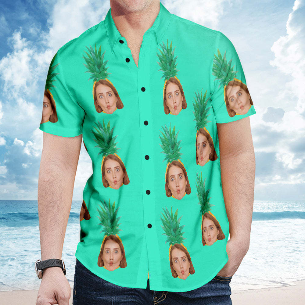 Custom Face Hawaiian Shirt Personalized Photo Pineapple Summer Shirts for Men - Green