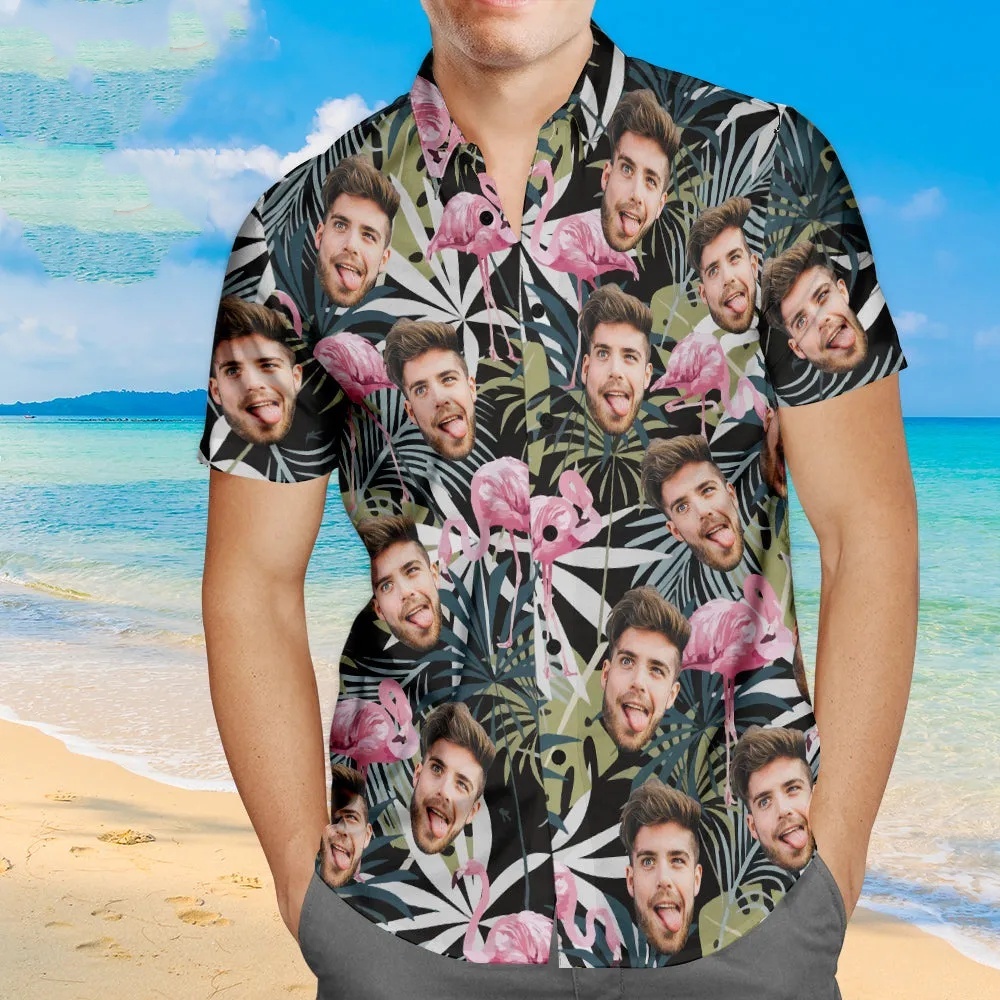 Custom Face Hawaiian Shirt Leaves and Flamingo Personalized Aloha Beach Shirt For Men
