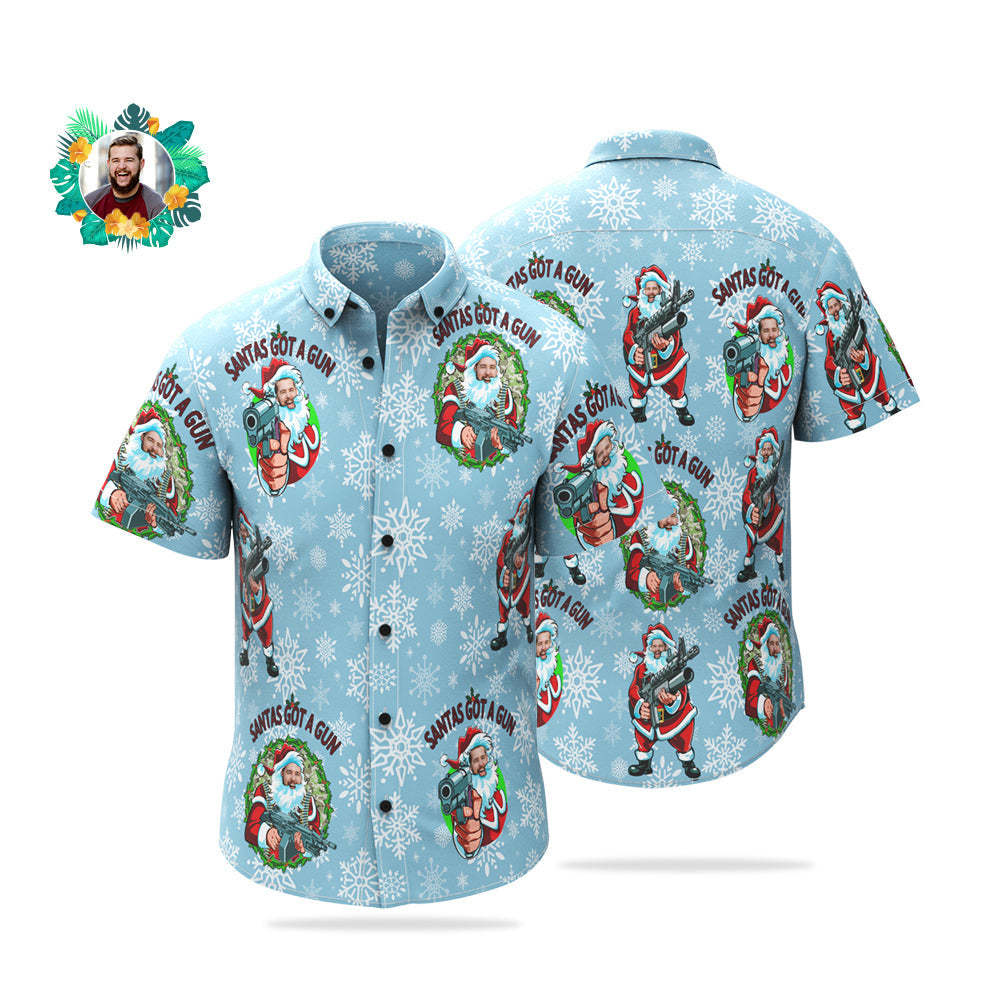 Custom Face Hawaiian Shirt Personalized Photo Funny Santa Claus Christmas Shirt With Machine Gun