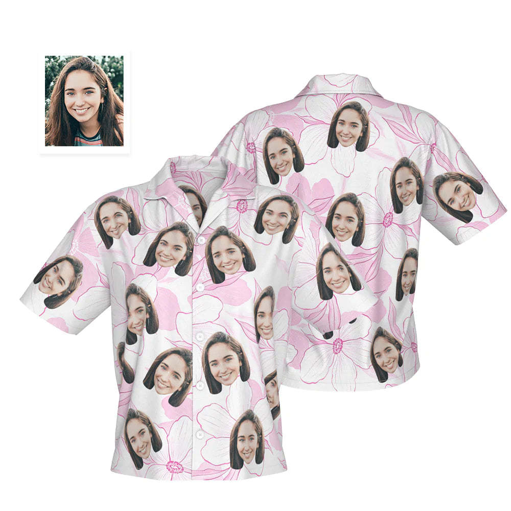 Custom Face Hawaiian Shirt Personalized Women's Photo Shirt Valentine's Day Gift for Her Pink Flower