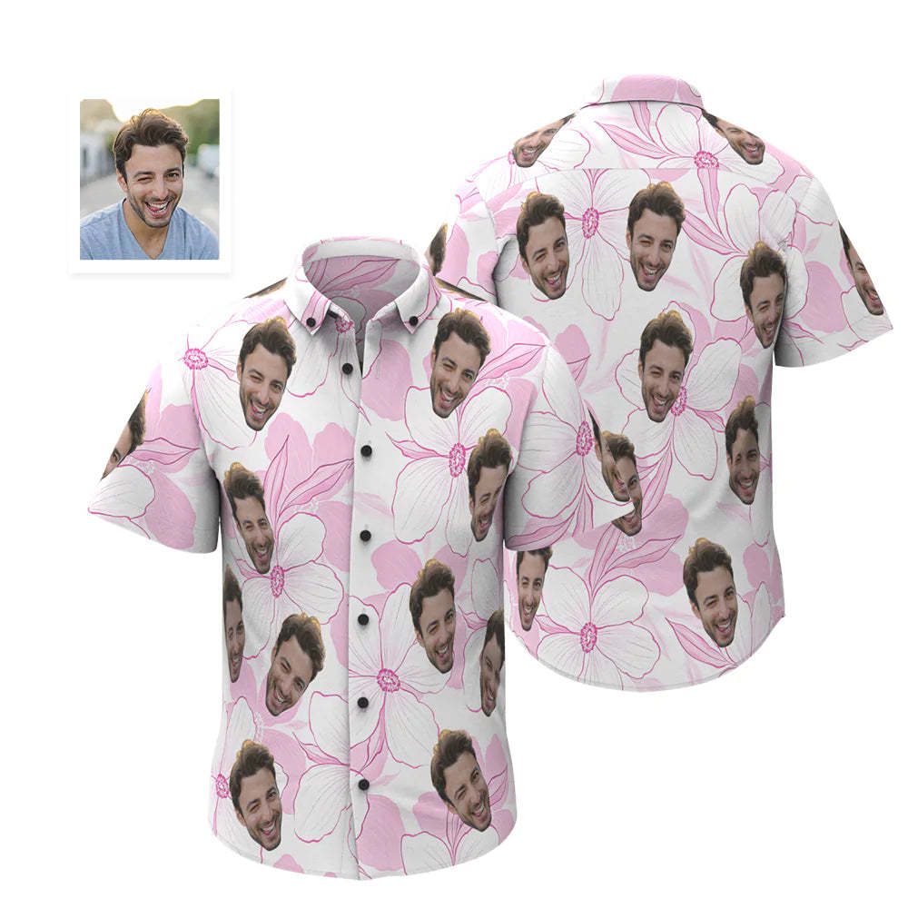 Custom Face Hawaiian Shirt Personalized Men's Photo Shirt Valentine's Day Gift For Him Pink Flower