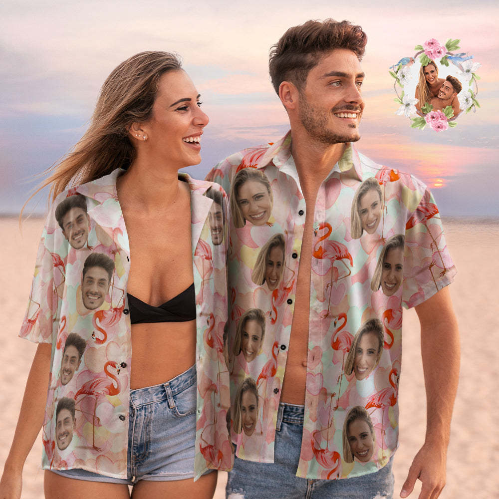 Custom Face Hawaiian Shirts Personalized Flamingo Couple Hawaiian Shirts Valentine's Day Gift