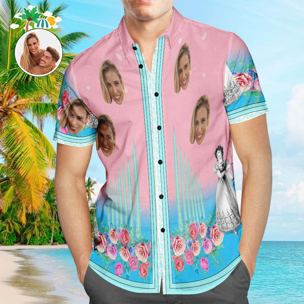 Custom Face Hawaiian Shirts Personalized Couple Floral Pink Holiday Beach Shirts Valentine's Day Gift