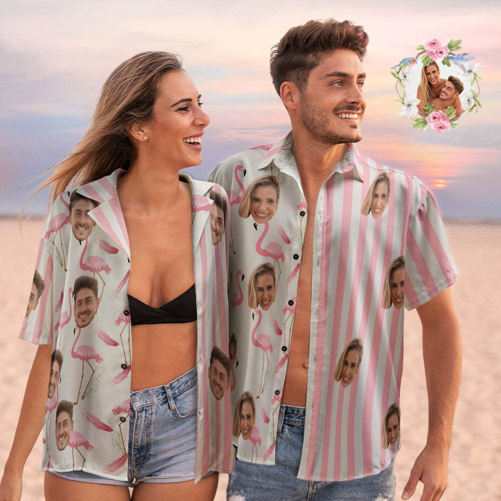 Custom Face Hawaiian Shirts Personalized Couple Flamingo Shirts Casual Short Sleeve Valentine's Day Gift