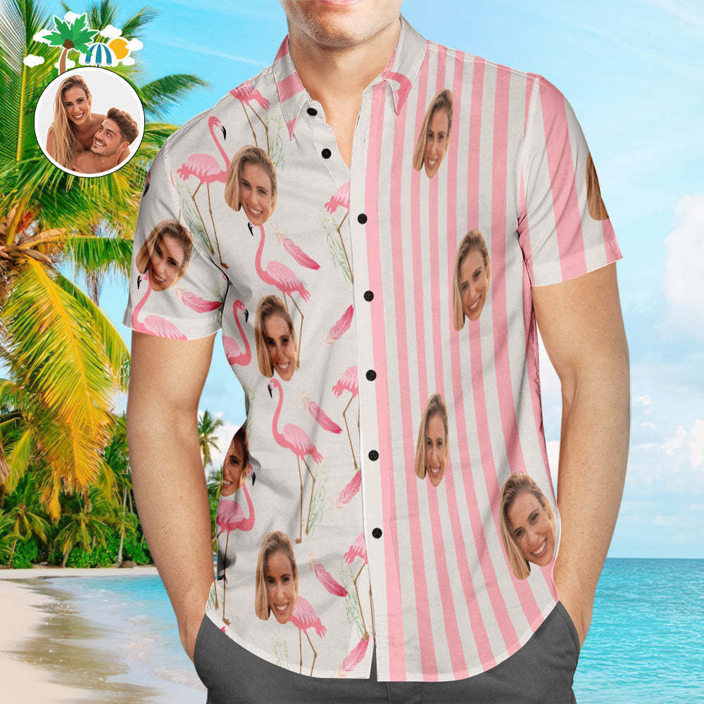 Custom Face Hawaiian Shirts Personalized Couple Flamingo Shirts Casual Short Sleeve Valentine's Day Gift