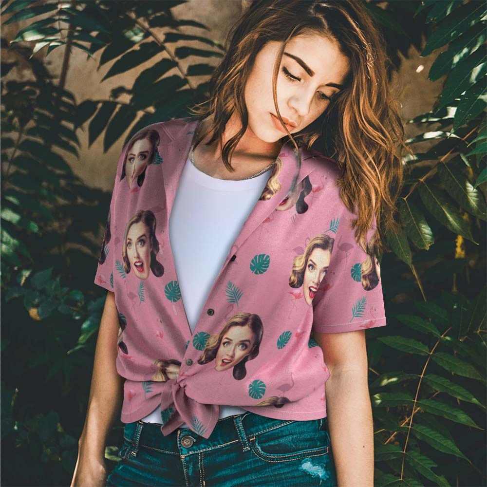 Custom Face Hawaiian Shirt Personalized Women's Photo Shirt Fashion Flamingo