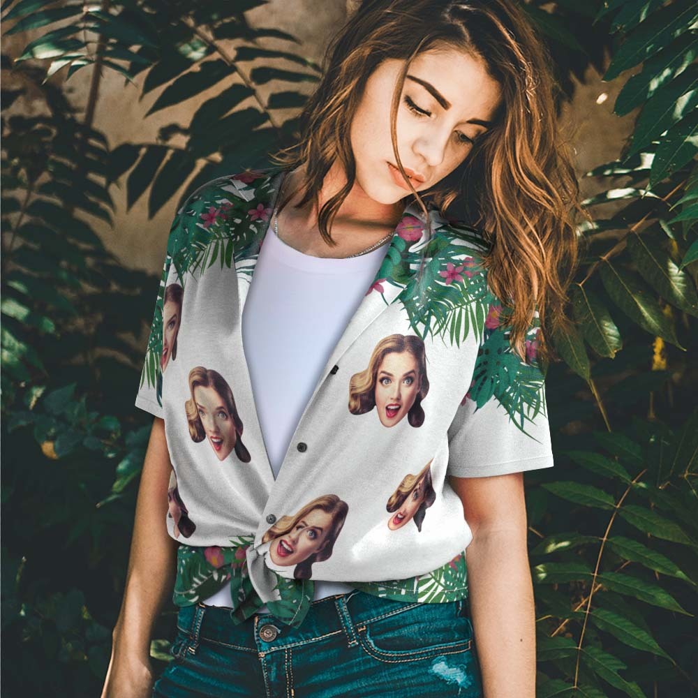 Custom Face Hawaiian Shirt For Women Personalized Women's Photo Shirt Greenery And Flamingo