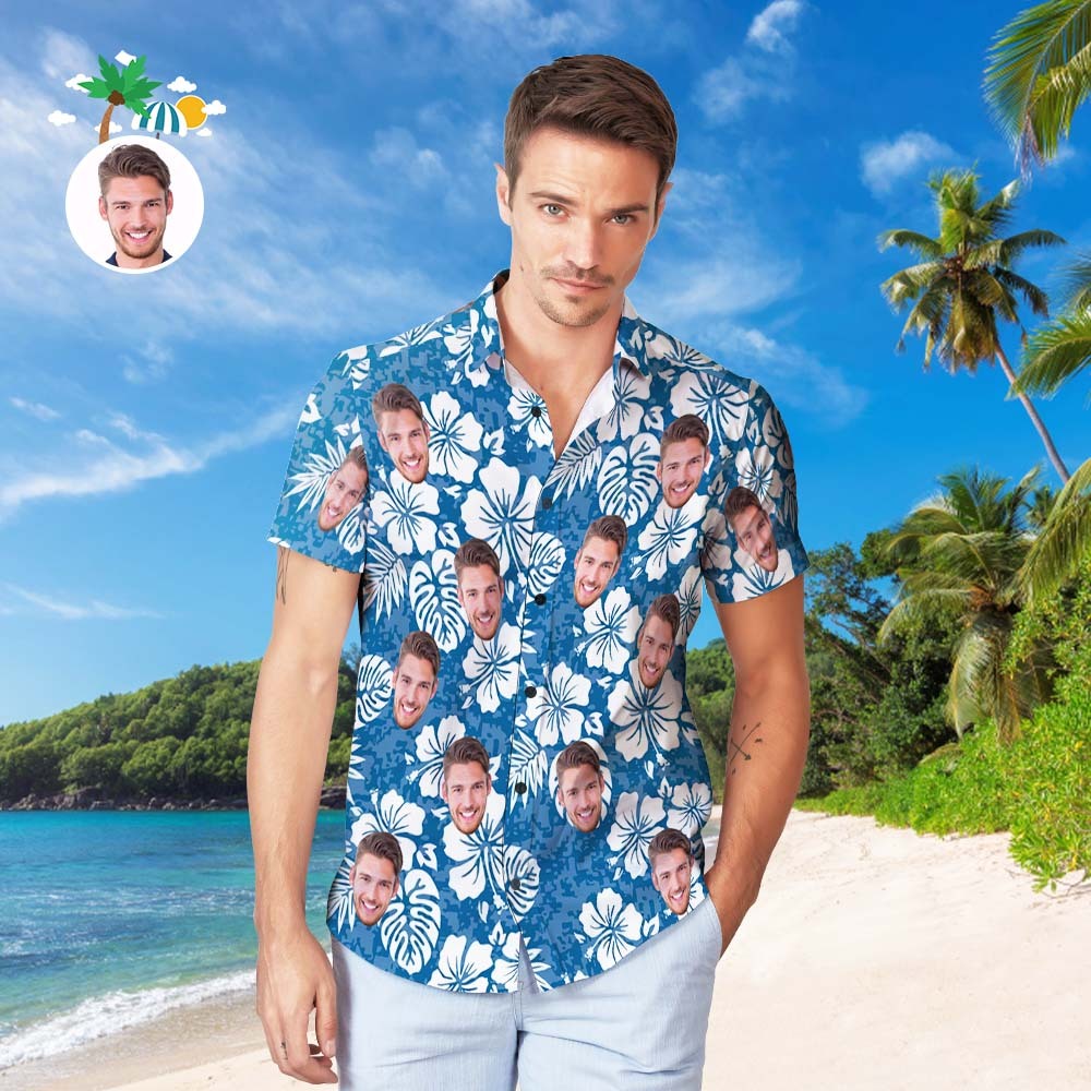Custom Face Summer Hawaiian Shirt Personalized Men's Photo Blue Shirt