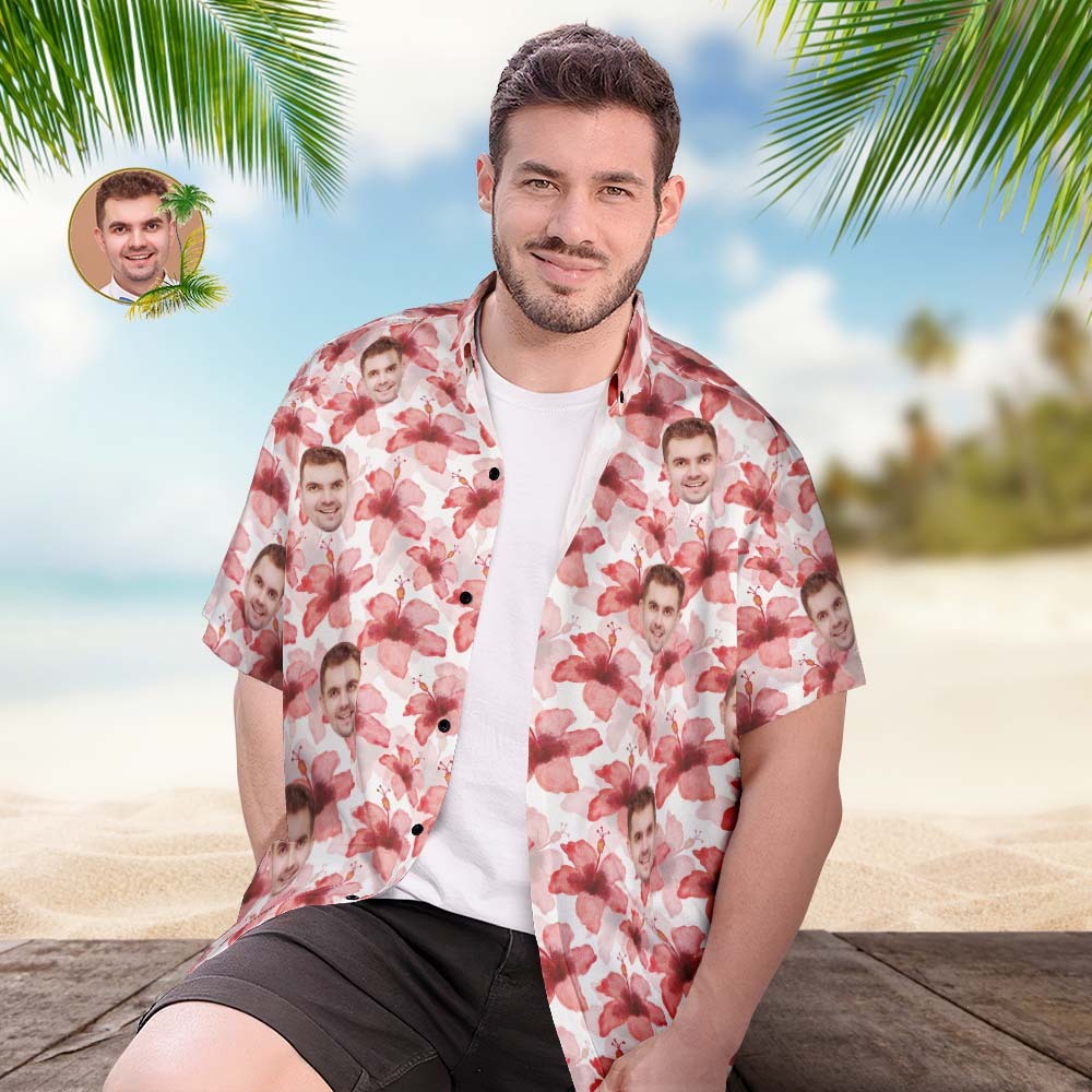 Custom Face Hawaiian Shirt Personalized Men's Photo Shirt Red Tropical Hibiscus
