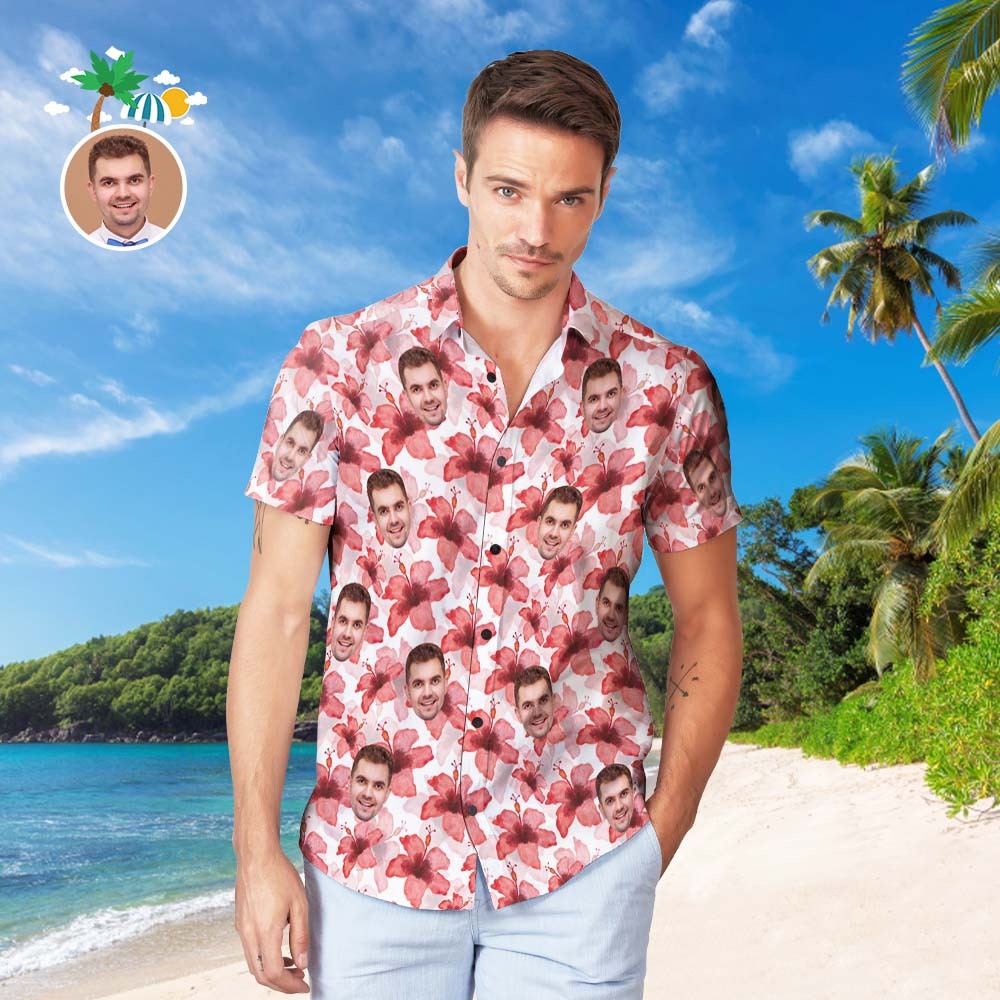 Custom Face Hawaiian Shirt Personalized Men's Photo Shirt Red Tropical Hibiscus
