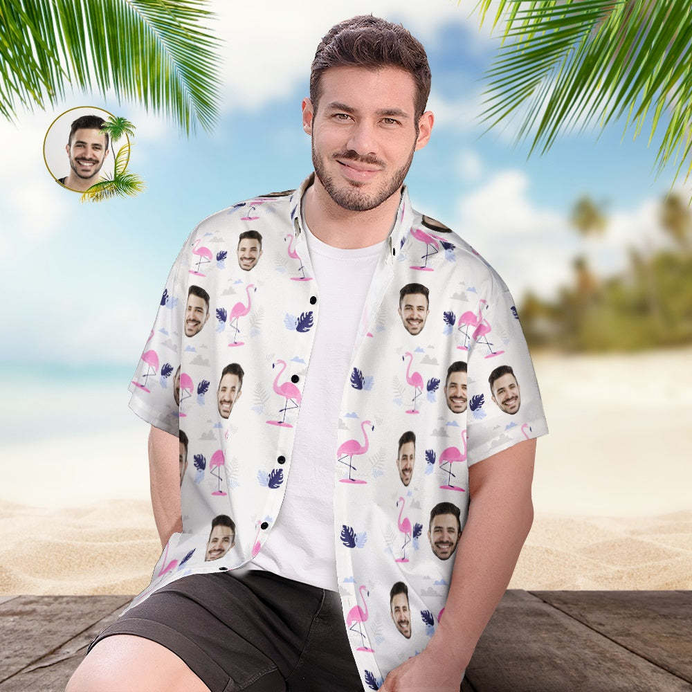 Custom Face Hawaiian Shirt Personalized Men's Photo Flamingo Print Shirt Vacation Party Gift