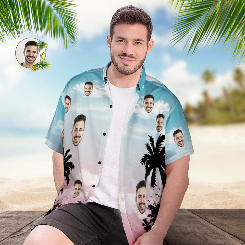 Custom Face Hawaiian Shirt Personalized Men's Photo Coconut Tree View Shirt Vacation Party Gift